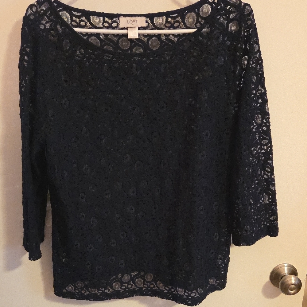 LOFT Black Lace Blouse with 3/4 Sleeves
